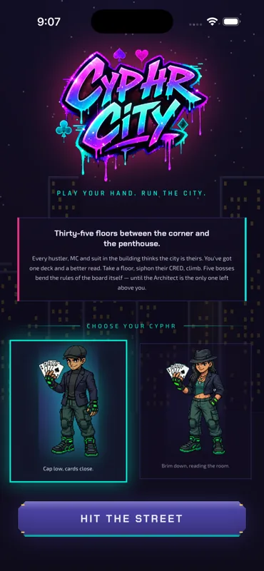 Cyphr City title screen with character select