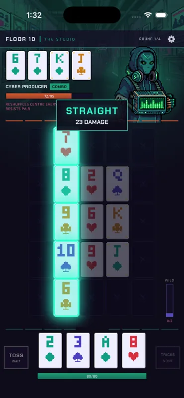 A completed straight on the 5×5 board scoring 23 damage