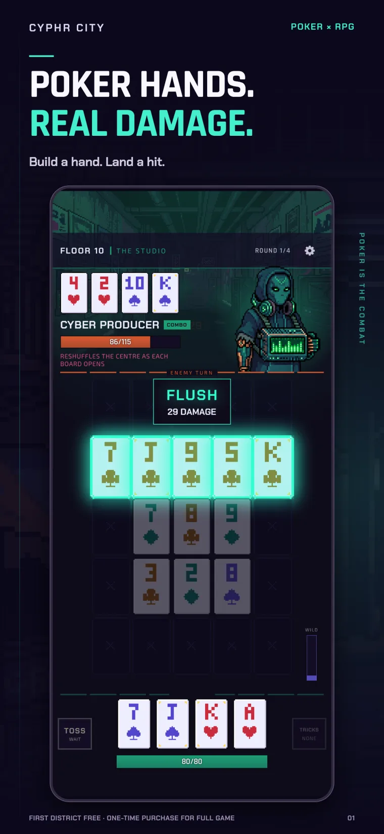 Poker hands. Real damage. A flush scoring 29 damage against Cyber Producer.