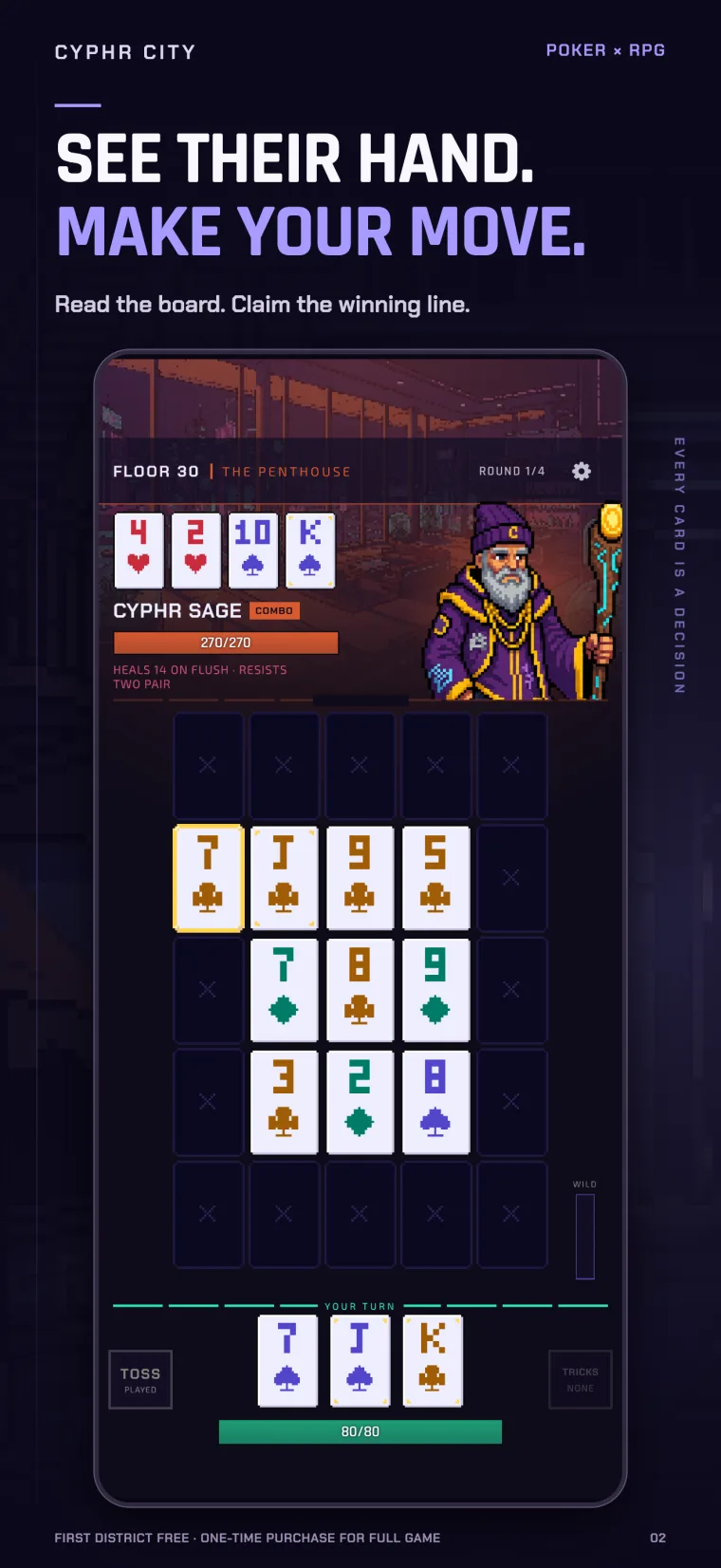 See their hand. Make your move. Cyphr Sage's cards face up over the board.