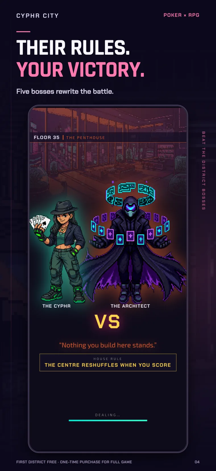 Their rules. Your victory. The versus screen against The Architect and his house rule.